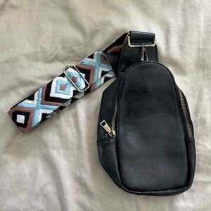 Black Faux Leather Crossbody Bag with Aztec Strap!!